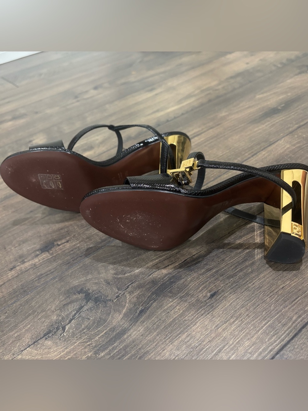 Fendi Delphine Ankle Strap Heel with Gold Block Heel - Picture 4 of 5